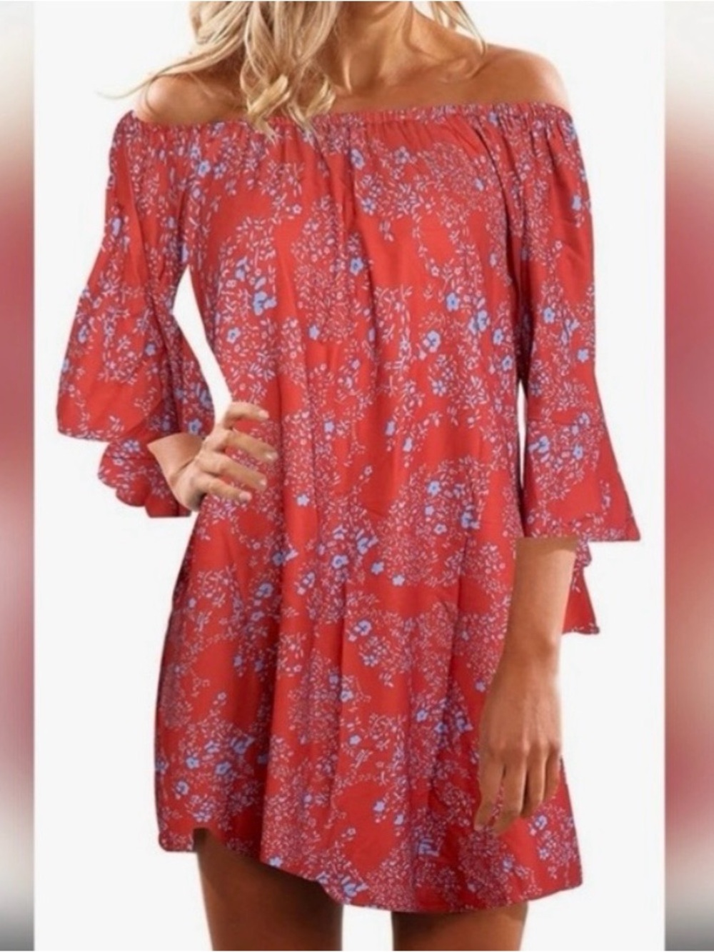Orange with Aqua Blue Small Floral Print Dress